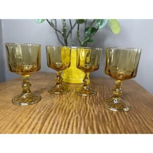 4 Hazel Atlas El Dorado Amber Gold Wine Glass Goblets Thumbprint 5.5" Vintage